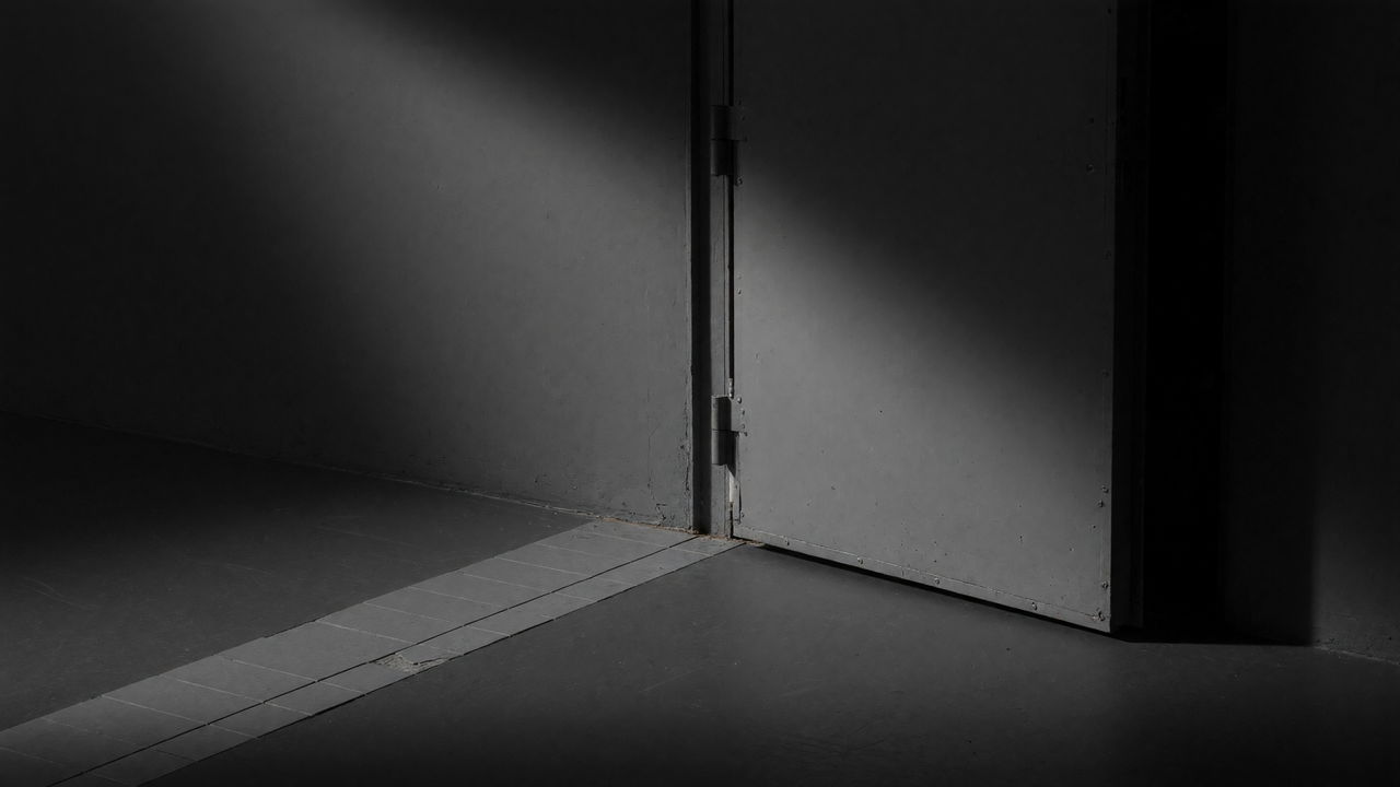 A heavy door standing ajar, with light falling through the gap onto the floor.