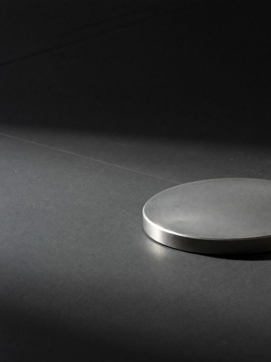 A plain metal disc resting on a dark surface, its rim catching the light.