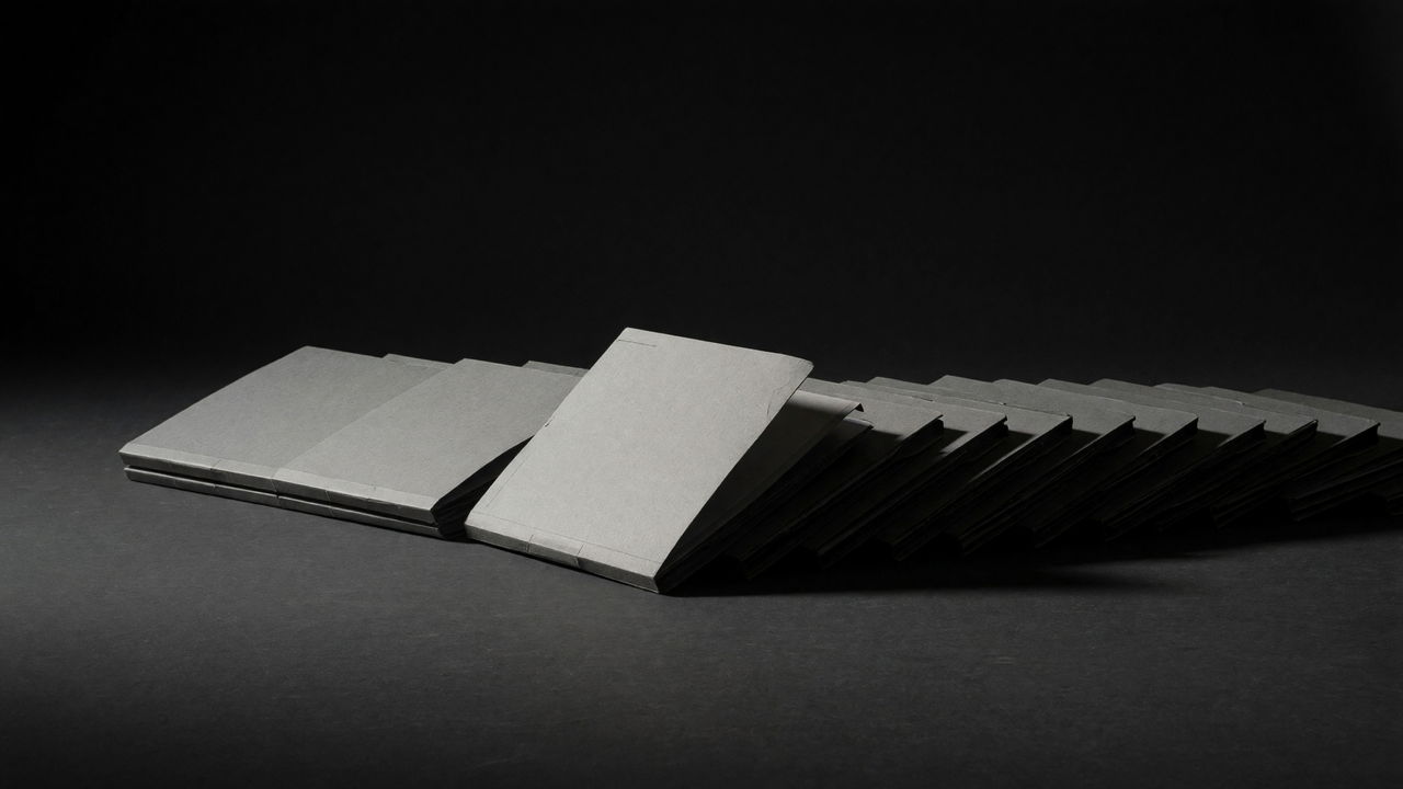 A long row of grey card folders stood on edge on a dark surface, receding into shadow.
