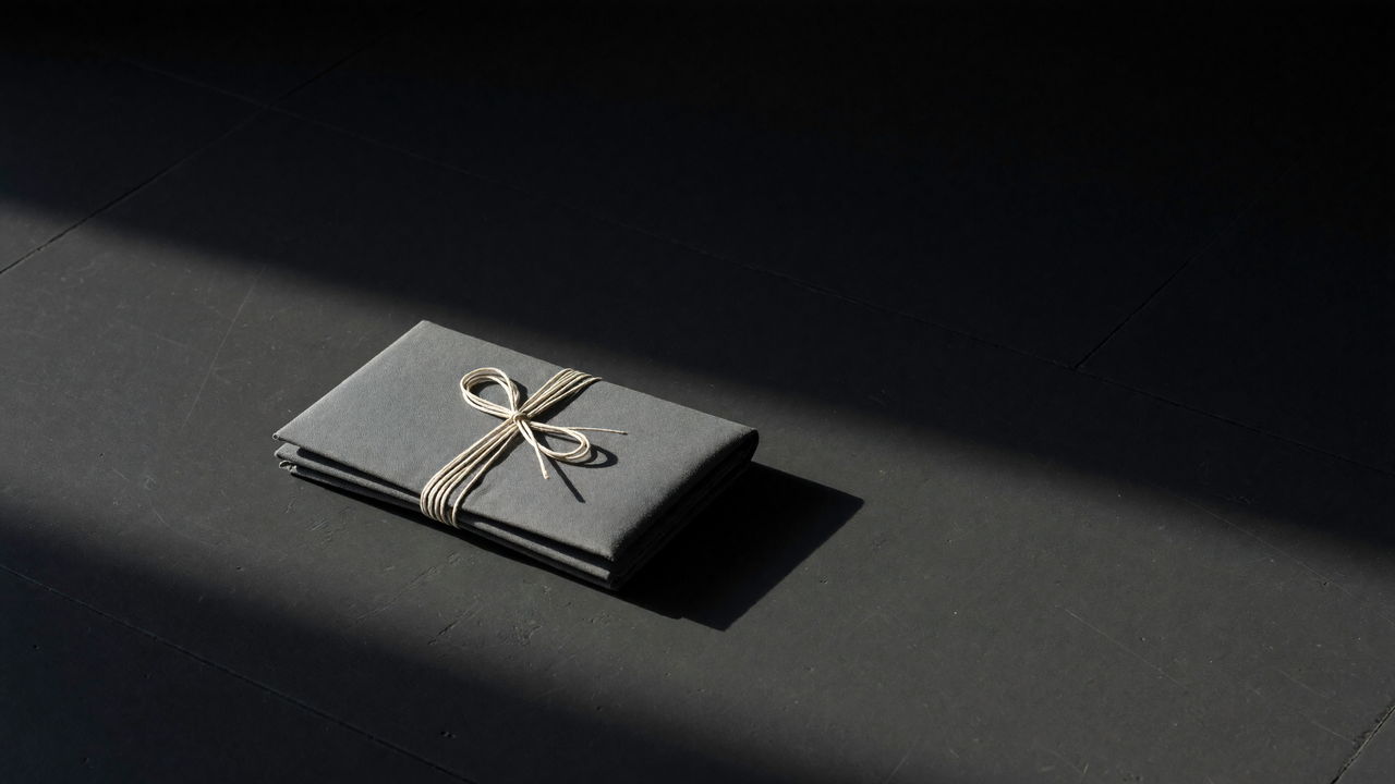 A grey document wallet tied shut with string, lying in a shaft of daylight on a dark floor.