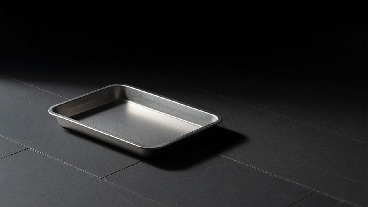 An empty stainless-steel instrument tray on a dark tiled floor, lit from one side.