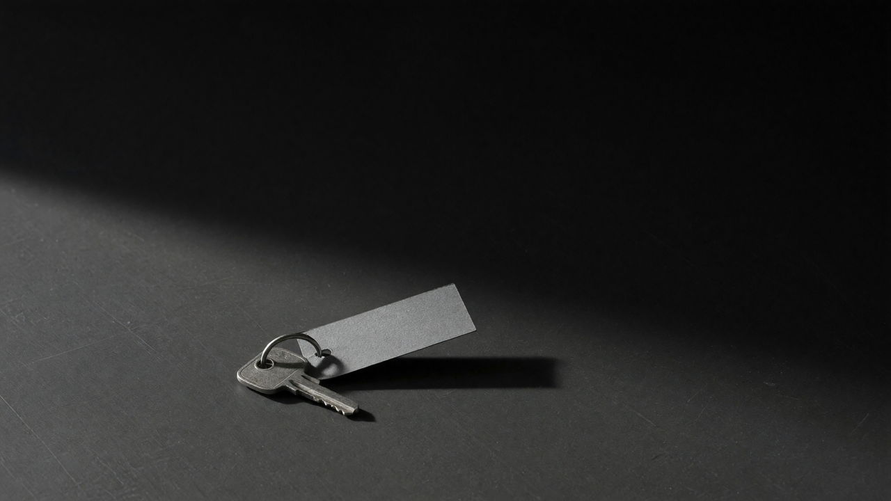 A single door key on a blank paper tag, lying in a pool of light on a dark surface.