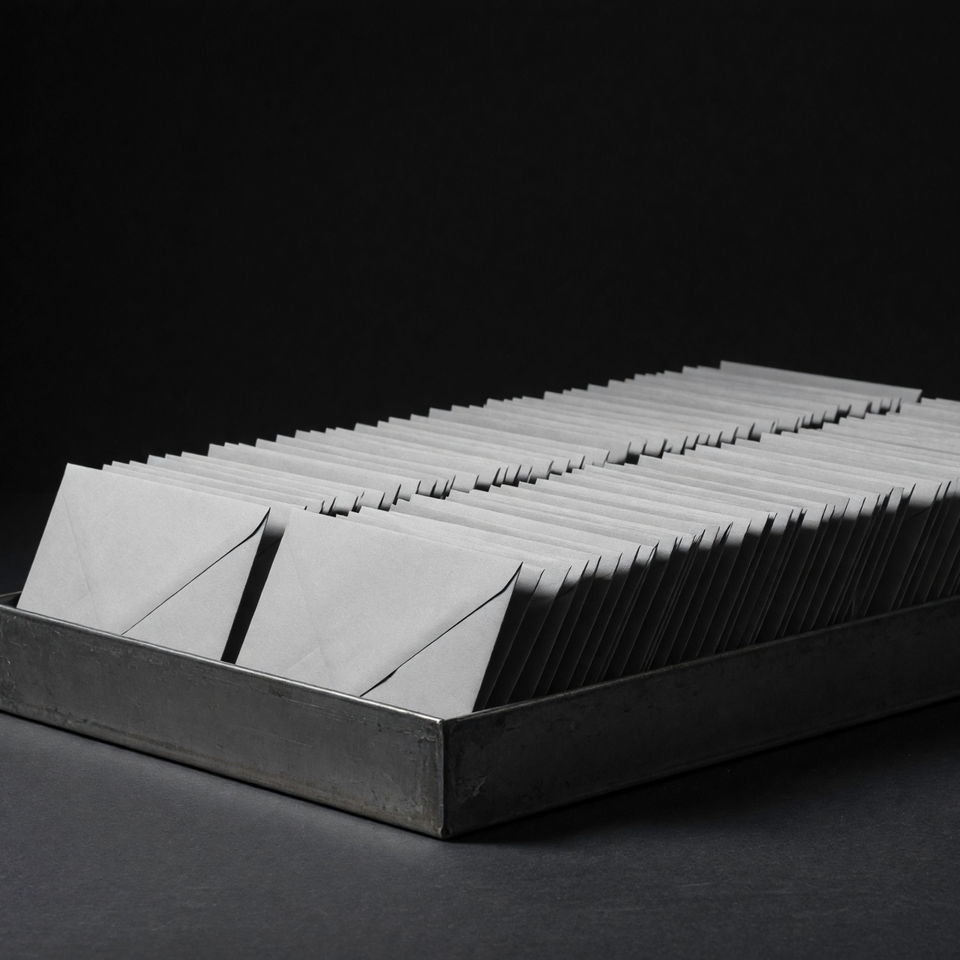 A shallow steel tray packed upright with dozens of plain envelopes, lit hard from one side.