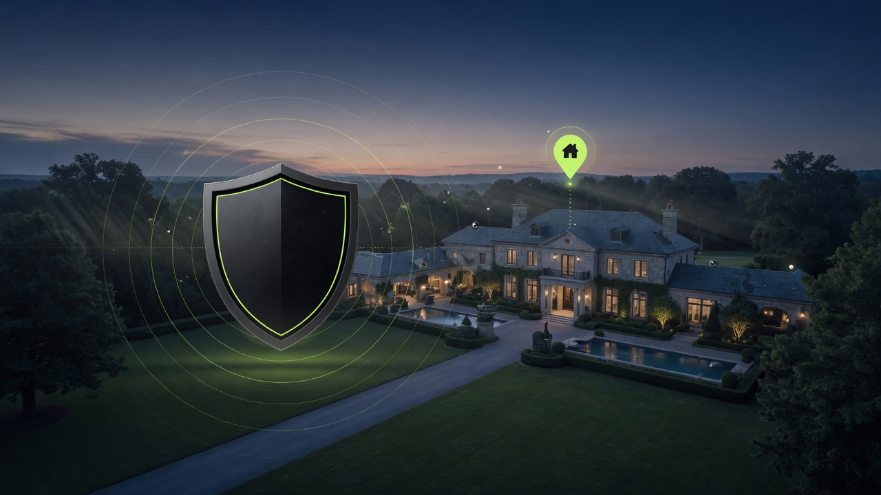 A private digital-security detail sweeping radar rings over a quiet high-net-worth household.