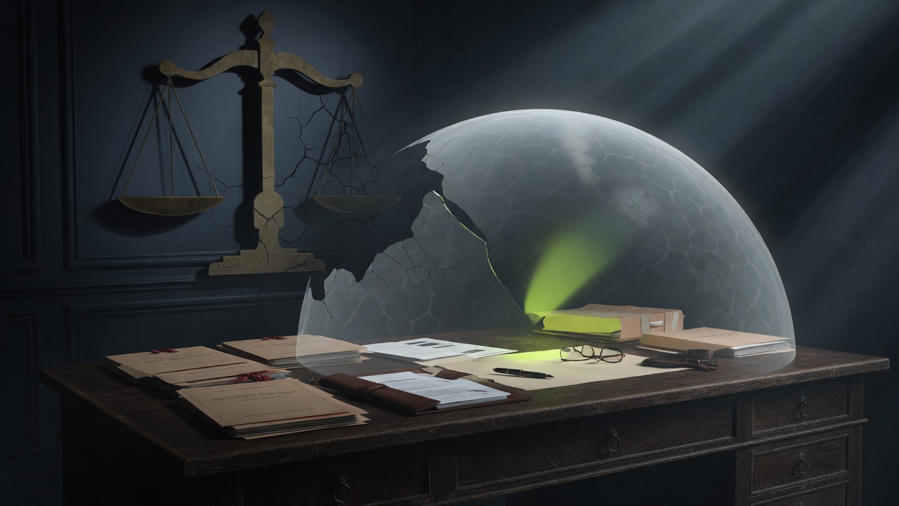 Abstract legal-confidentiality motif: a shield beneath radar rings protecting an attorney&rsquo;s home data and a sealed client file.