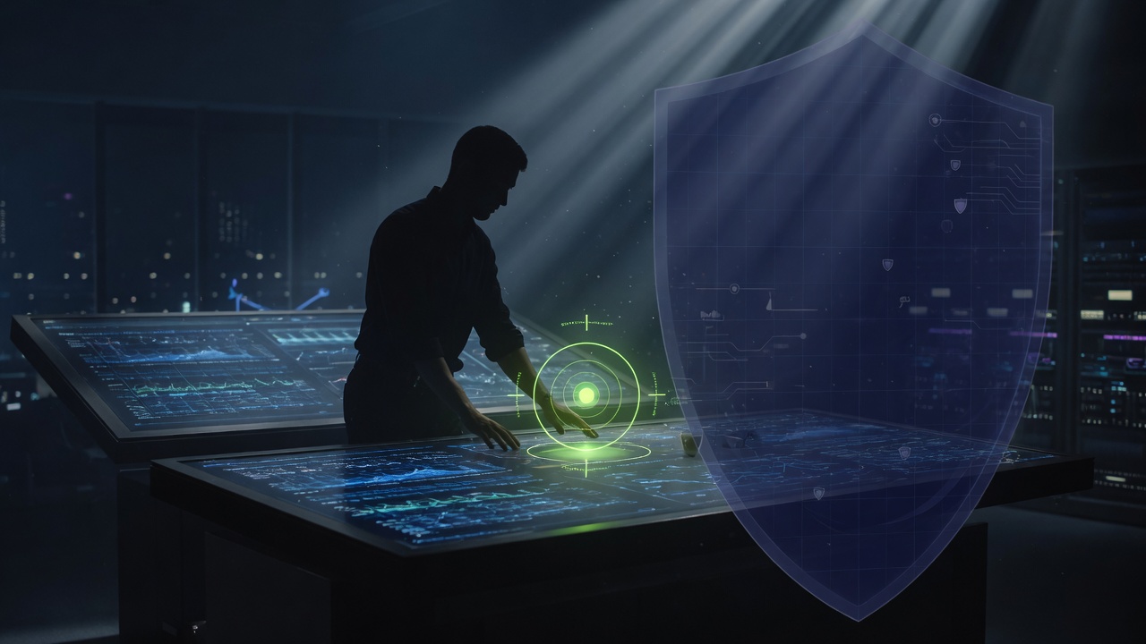 Abstract founder-security motif: a shield beneath radar rings protecting a founder&rsquo;s home address and company inbox after a funding announcement.