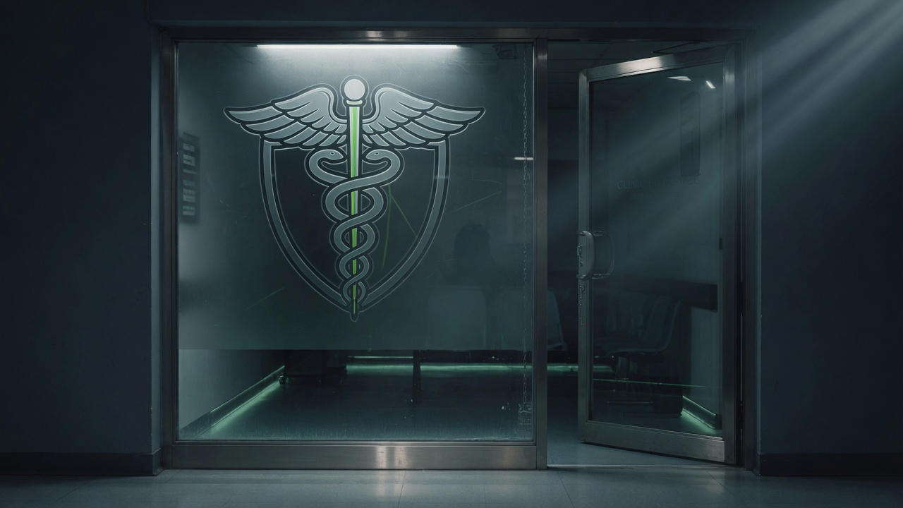 Abstract physician-safety motif: a shield beneath radar rings separating a public medical-board listing from the physician&rsquo;s home.