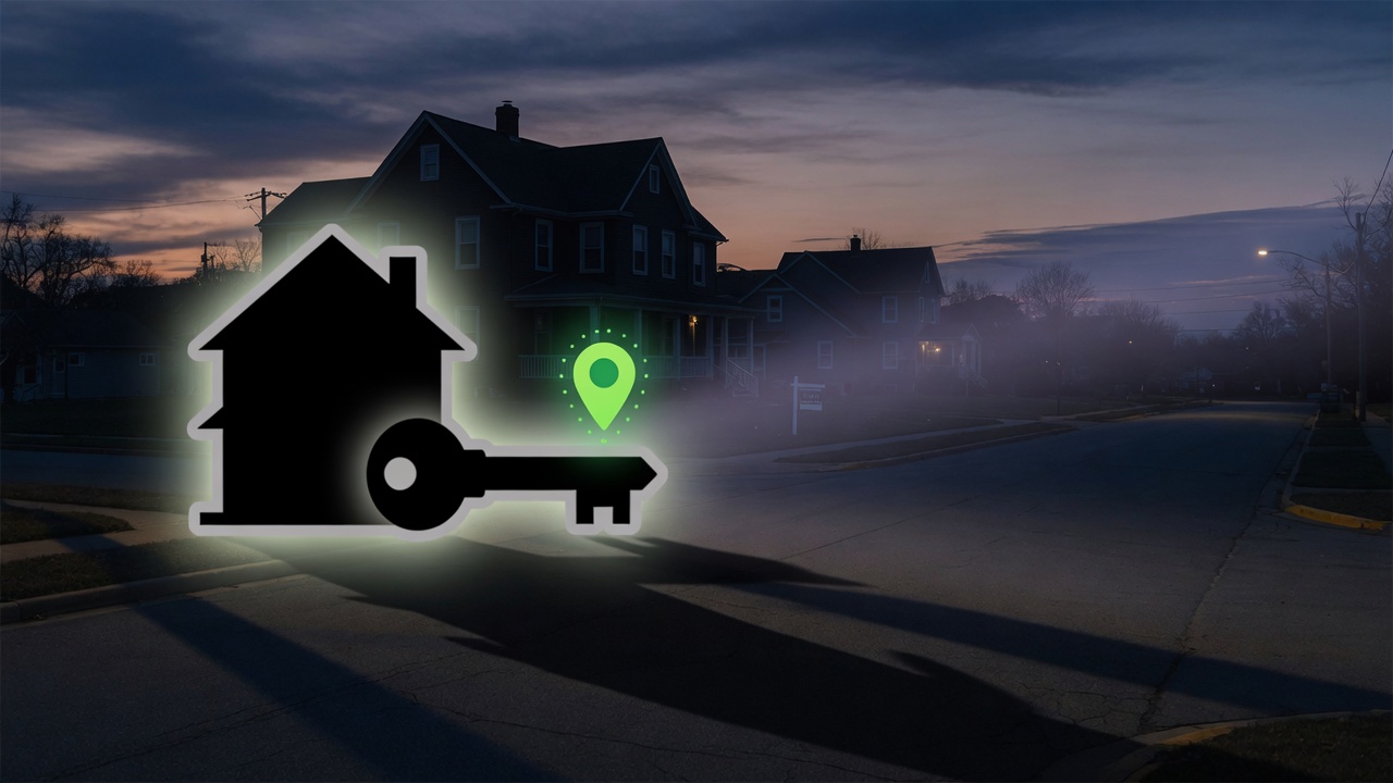 Abstract realtor-safety motif: a shield beneath radar rings separating a public listing from the agent&rsquo;s private home.