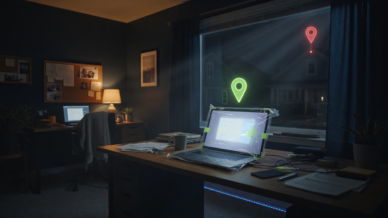 Abstract remote-work security motif: a shield beneath radar rings protecting a home office where personal and work identities overlap.