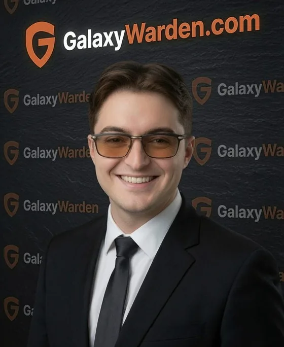 The founder of GalaxyWarden, photographed against a GalaxyWarden backdrop.