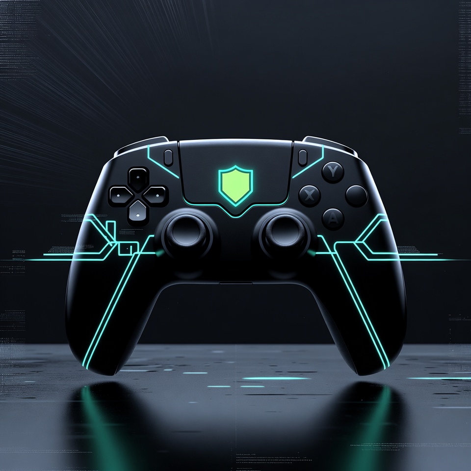 A matte black game controller with neon circuit traces and a glowing shield emblem