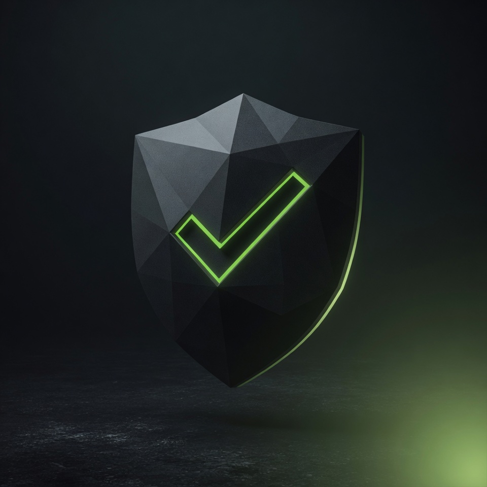 A faceted charcoal shield with a glowing green checkmark