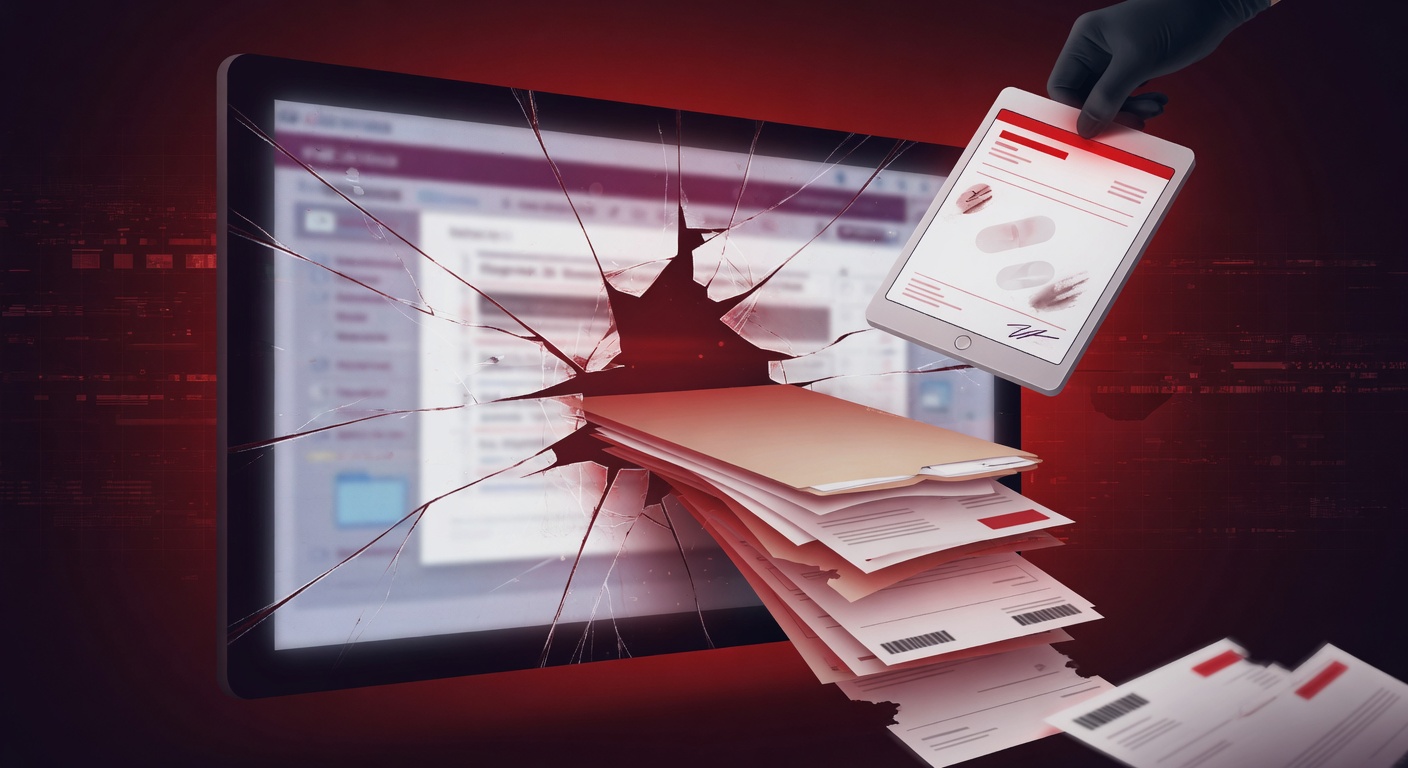 Medical-record clipboard with red breach overlay